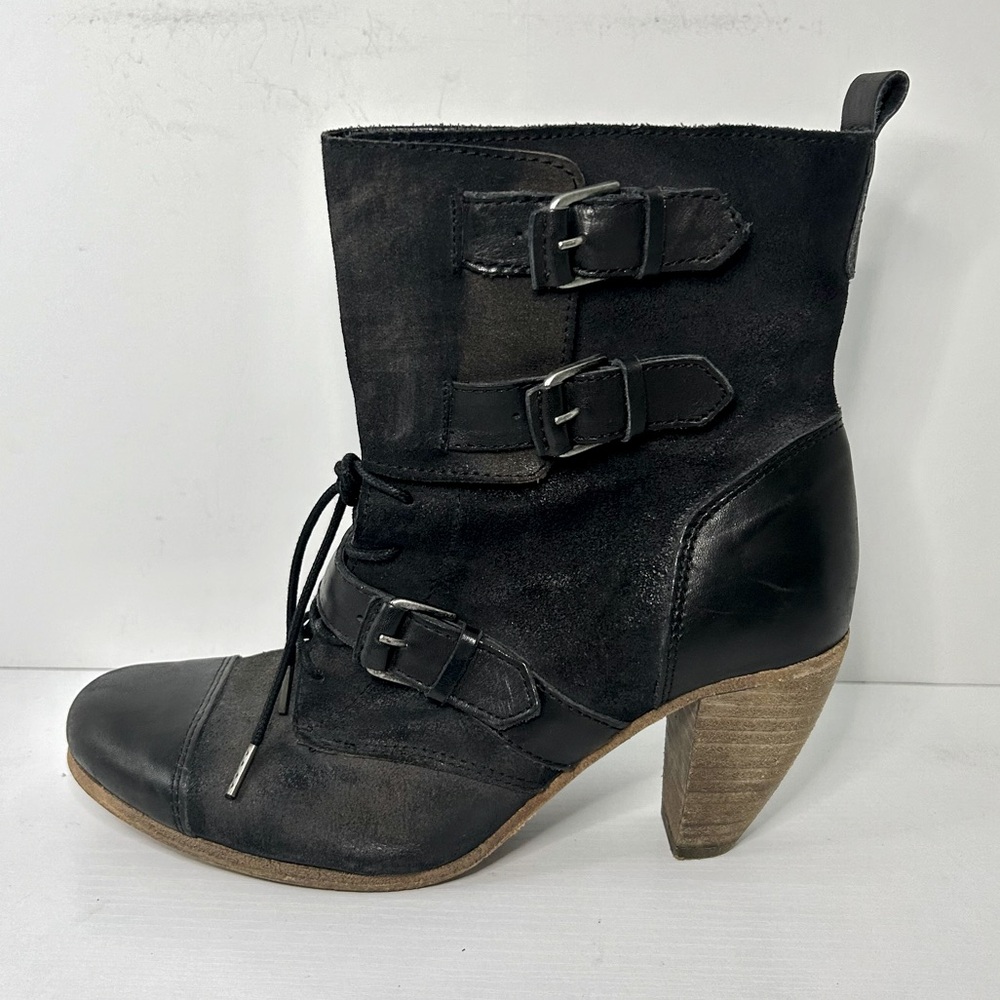 AllSaints Distressed Black Suede Leather Biker Siri Buckle Boots Sz 39 EU 8.5 US